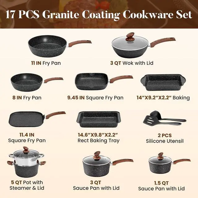 Alt view image 7 of 7 - Kitchen Academy Induction Cookware Set Non Stick, 17Pcs Granite Pots & Pans | Nonstick Cooking Frying Pans for Induction Gas Electric Stove, Non-Toxic PFOA & PFOS Free, Black