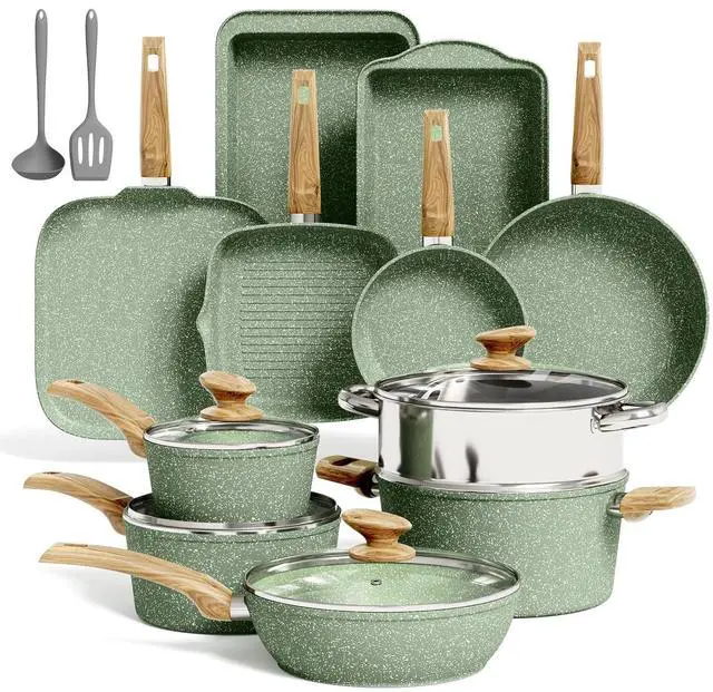 Main image of Kitchen Academy 17Pcs Pots and Pans Set Non Stick, Induction Cookware | Sage Green, Easy to Clean, Nonstick Granite Cooking Pans with Griddle, Healthy Non Toxic Frying Pan, PFOA&PFOS Free