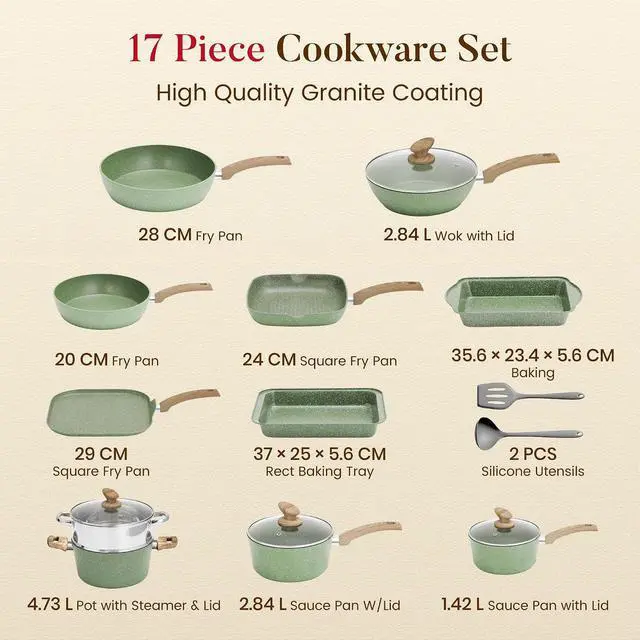 Alt view image 2 of 7 - Kitchen Academy 17Pcs Pots and Pans Set Non Stick, Induction Cookware | Sage Green, Easy to Clean, Nonstick Granite Cooking Pans with Griddle, Healthy Non Toxic Frying Pan, PFOA&PFOS Free