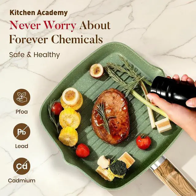 Alt view image 7 of 7 - Kitchen Academy 17Pcs Pots and Pans Set Non Stick, Induction Cookware | Sage Green, Easy to Clean, Nonstick Granite Cooking Pans with Griddle, Healthy Non Toxic Frying Pan, PFOA&PFOS Free