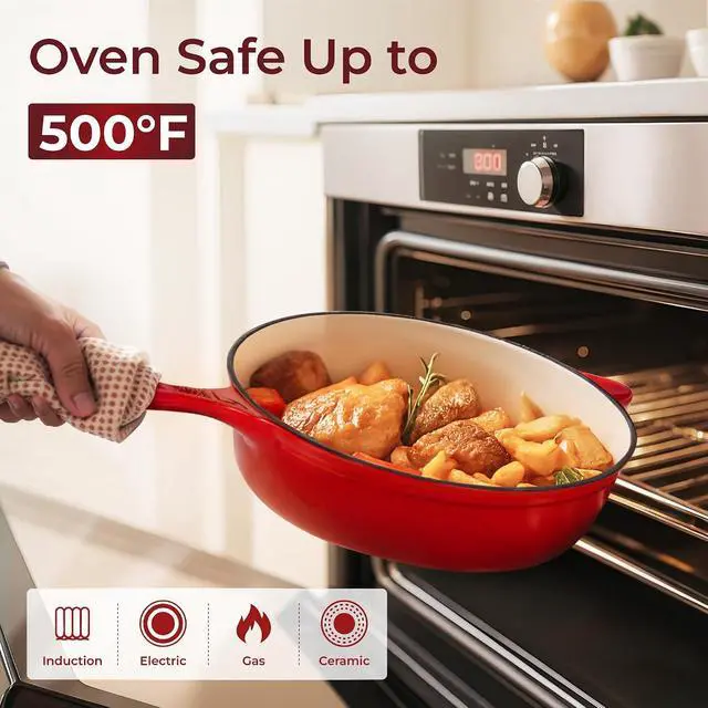 Alt view image 4 of 7 - Kitchen Academy Red Enameled Cast Iron Cookware Sets, 7Pcs | Healthy Pots and Pans Set Non Toxic, Induction Dutch Oven Set, PFOA & PFAS Free