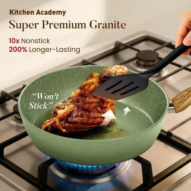 Alt view image 3 of 7 - Kitchen Academy 17Pcs Pots and Pans Set Non Stick, Induction Cookware | Sage Green, Easy to Clean, Nonstick Granite Cooking Pans with Griddle, Healthy Non Toxic Frying Pan, PFOA&PFOS Free