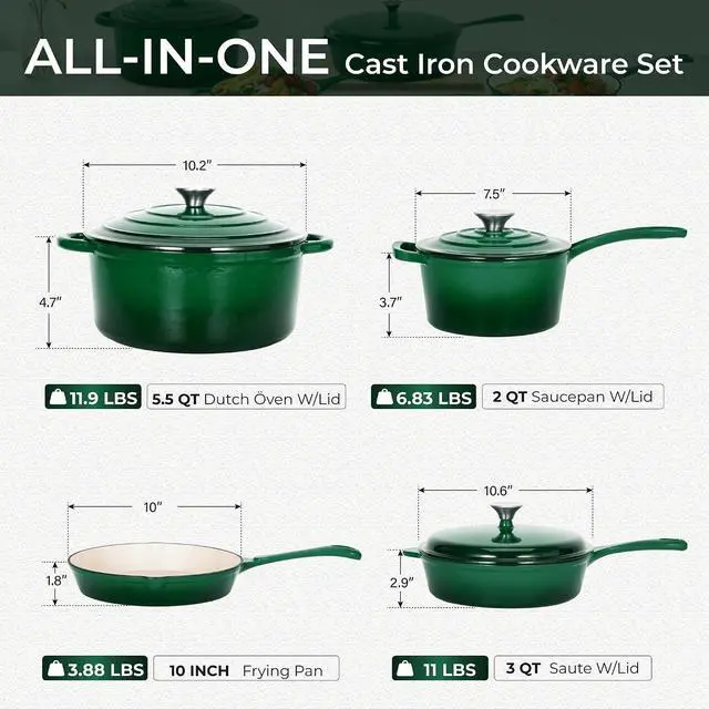 Alt view image 7 of 7 - Kitchen Academy 7Pcs Enameled Cast Iron Cookware Sets, Emerd | Non Toxic Pots and Pans Set, Induction Compatible, PFOA & PFAS Free
