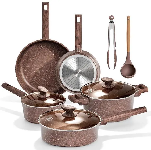 Main image of Kitchen Academy 10Pcs Induction Pots & Pans Set Non Stick, Brown | Nonstick Cookware Set, Healthy Non Toxic Cooking Pans and Pots, Easy to Clean, PFOA&PFAS Free