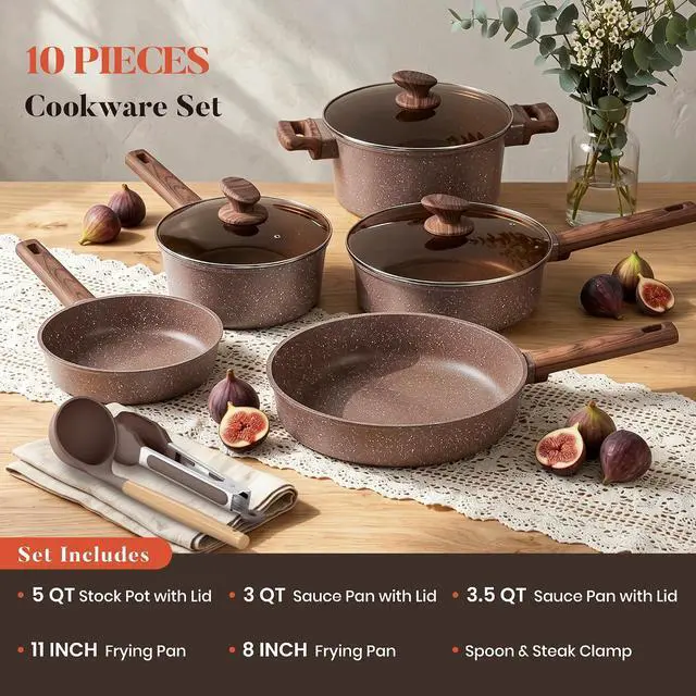 Alt view image 2 of 7 - Kitchen Academy 10Pcs Induction Pots & Pans Set Non Stick, Brown | Nonstick Cookware Set, Healthy Non Toxic Cooking Pans and Pots, Easy to Clean, PFOA&PFAS Free