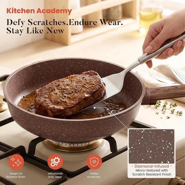 Alt view image 4 of 7 - Kitchen Academy 10Pcs Induction Pots & Pans Set Non Stick, Brown | Nonstick Cookware Set, Healthy Non Toxic Cooking Pans and Pots, Easy to Clean, PFOA&PFAS Free