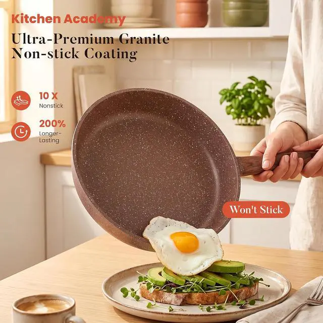 Alt view image 3 of 7 - Kitchen Academy 10Pcs Induction Pots & Pans Set Non Stick, Brown | Nonstick Cookware Set, Healthy Non Toxic Cooking Pans and Pots, Easy to Clean, PFOA&PFAS Free