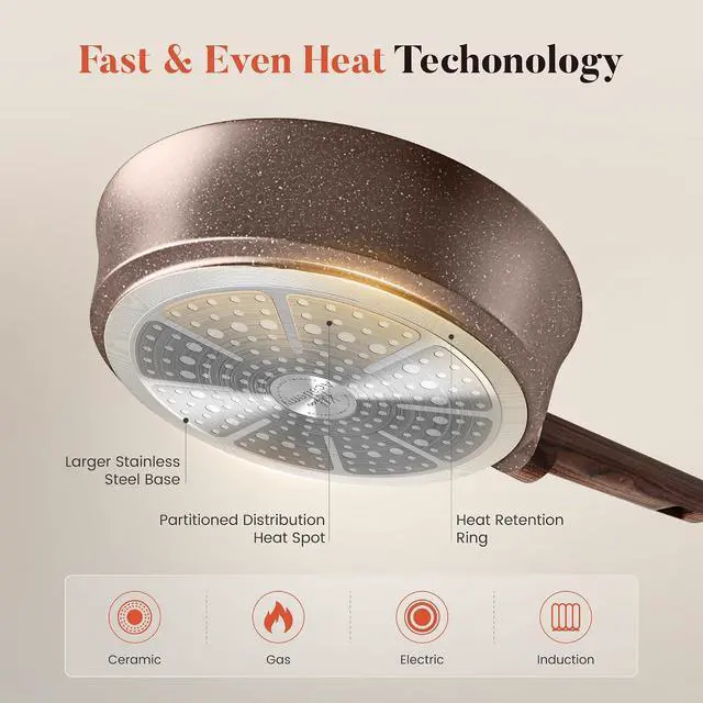 Alt view image 7 of 7 - Kitchen Academy 10Pcs Induction Pots & Pans Set Non Stick, Brown | Nonstick Cookware Set, Healthy Non Toxic Cooking Pans and Pots, Easy to Clean, PFOA&PFAS Free