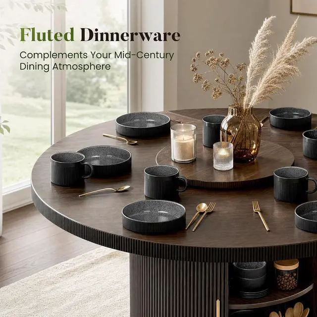 Alt view image 3 of 7 - Kitchen Academy Fluted Ceramic Dinnerware Sets for 4, 16Pcs Stoneware Plates and Bowls Sets Non Toxic, Black Dishes Set, Oven & Microwave & Dishwasher Safe