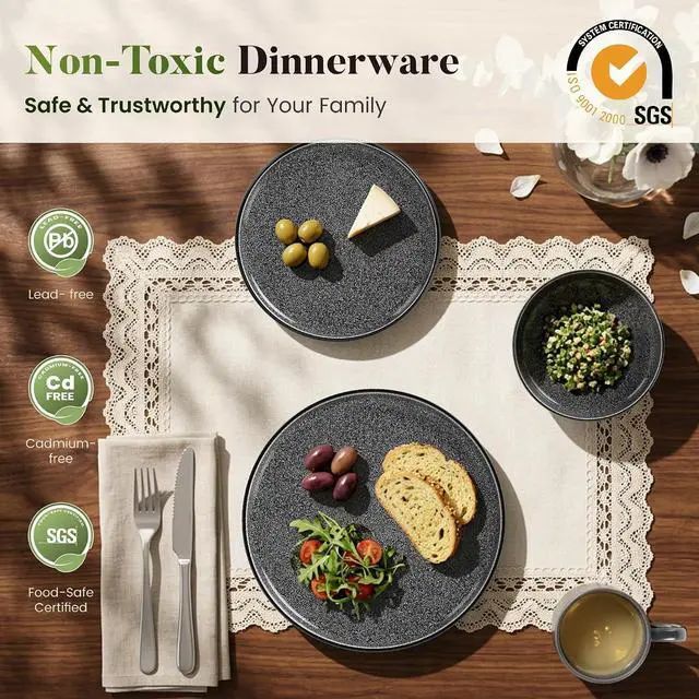 Alt view image 7 of 7 - Kitchen Academy Fluted Ceramic Dinnerware Sets for 4, 16Pcs Stoneware Plates and Bowls Sets Non Toxic, Black Dishes Set, Oven & Microwave & Dishwasher Safe