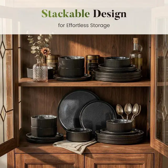 Alt view image 7 of 7 - Kitchen Academy 24Pcs Stoneware Dinnerware Sets for 8, Black | Non Toxic Ceramic Plates and Bowls Set, Scratch Resistant Dinner Set, Oven & Microwave & Dishwasher Safe