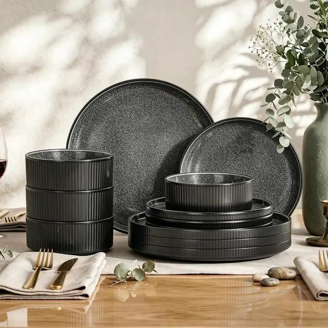 Main image of Kitchen Academy Stoneware Dinnerware Set for 4, Ribbed Plates and Bowls | Black Fluted, 12 Pieces Ceramic Non Toxic Dishes Sets, Oven & Microwave & Dishwasher Safe