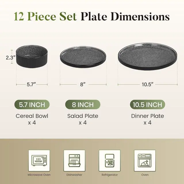 Alt view image 2 of 7 - Kitchen Academy Stoneware Dinnerware Set for 4, Ribbed Plates and Bowls | Black Fluted, 12 Pieces Ceramic Non Toxic Dishes Sets, Oven & Microwave & Dishwasher Safe