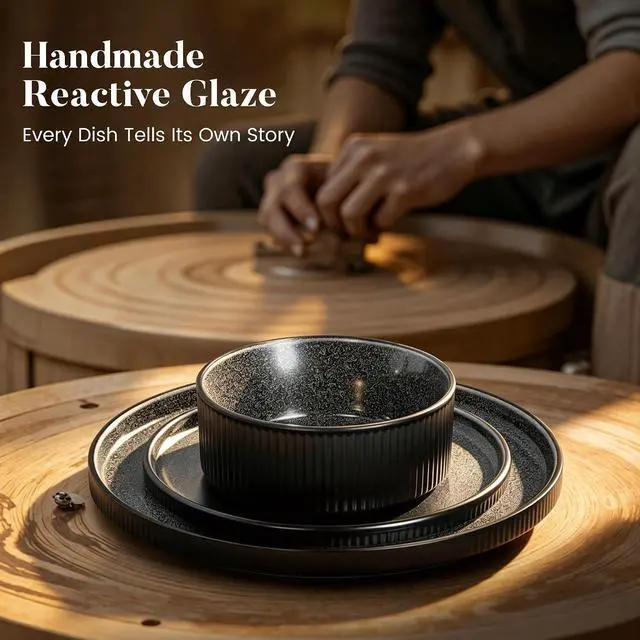 Alt view image 3 of 7 - Kitchen Academy Stoneware Dinnerware Set for 4, Ribbed Plates and Bowls | Black Fluted, 12 Pieces Ceramic Non Toxic Dishes Sets, Oven & Microwave & Dishwasher Safe