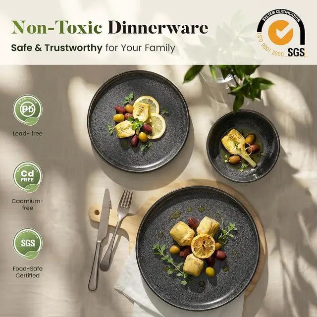 Alt view image 4 of 7 - Kitchen Academy Stoneware Dinnerware Set for 4, Ribbed Plates and Bowls | Black Fluted, 12 Pieces Ceramic Non Toxic Dishes Sets, Oven & Microwave & Dishwasher Safe