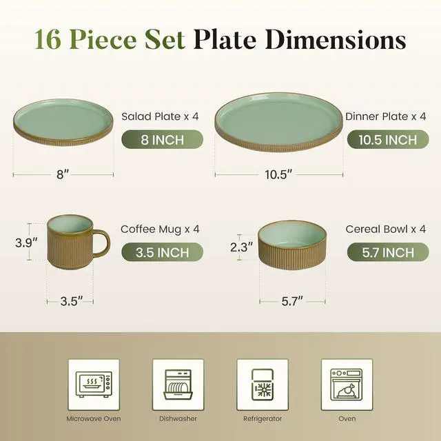 Alt view image 2 of 7 - Kitchen Academy 16Pcs Fluted Stoneware Dinnerware Sets for 4, Non Toxic Ceramic Plates and Bowls, Oven & Microwave & Dishwasher Safe, Green