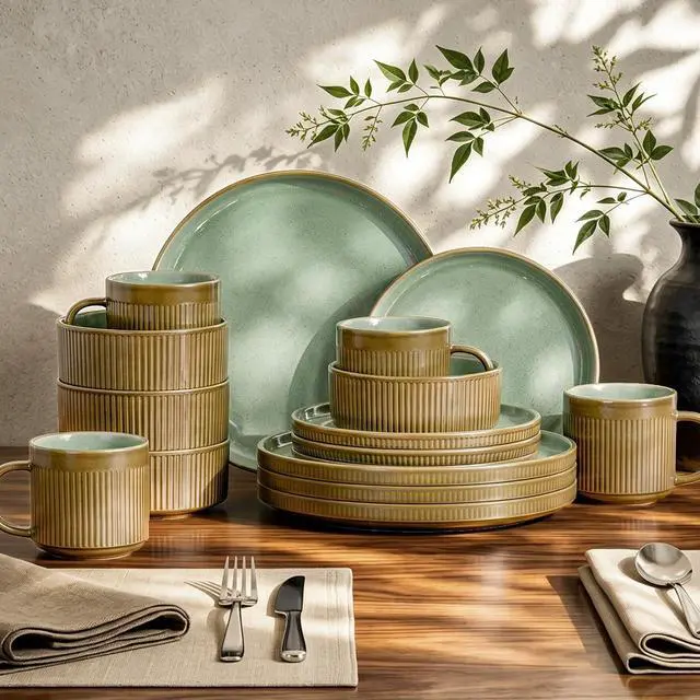 Main image of Kitchen Academy 16Pcs Fluted Stoneware Dinnerware Sets for 4, Non Toxic Ceramic Plates and Bowls, Oven & Microwave & Dishwasher Safe, Green