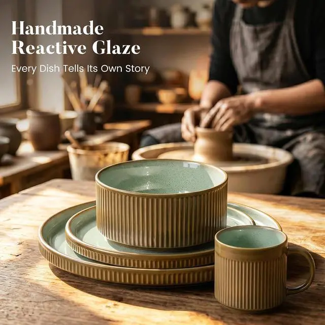 Alt view image 4 of 7 - Kitchen Academy 16Pcs Fluted Stoneware Dinnerware Sets for 4, Non Toxic Ceramic Plates and Bowls, Oven & Microwave & Dishwasher Safe, Green