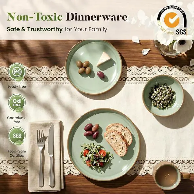 Alt view image 5 of 7 - Kitchen Academy 16Pcs Fluted Stoneware Dinnerware Sets for 4, Non Toxic Ceramic Plates and Bowls, Oven & Microwave & Dishwasher Safe, Green