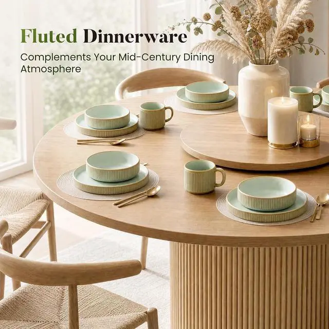 Alt view image 6 of 7 - Kitchen Academy 16Pcs Fluted Stoneware Dinnerware Sets for 4, Non Toxic Ceramic Plates and Bowls, Oven & Microwave & Dishwasher Safe, Green
