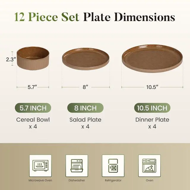 Alt view image 2 of 7 - Kitchen Academy 12-Piece Stoneware Dinnerware Sets for 4, Brown Fluted | Handmade Reactive Glaze Plates and Bowls, Scratch Resistant Dish Set, Oven Microwave Dishwasher Safe