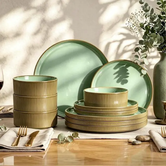 Main image of Kitchen Academy Ceramic Dinnerware Set for 4, 12-Piece Plates and Bowls Set | Handmade Reactive Glaze Stoneware Dish Set, Scratch Resistant, Oven & Microwave & Dishwasher Safe, Green Fluted