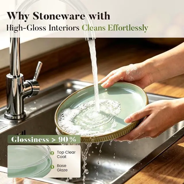 Alt view image 7 of 7 - Kitchen Academy 16Pcs Fluted Stoneware Dinnerware Sets for 4, Non Toxic Ceramic Plates and Bowls, Oven & Microwave & Dishwasher Safe, Green