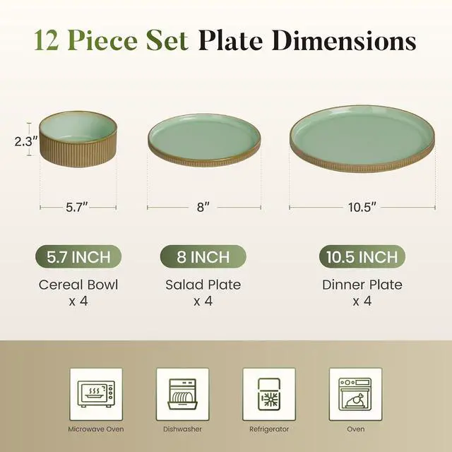 Alt view image 2 of 7 - Kitchen Academy Ceramic Dinnerware Set for 4, 12-Piece Plates and Bowls Set | Handmade Reactive Glaze Stoneware Dish Set, Scratch Resistant, Oven & Microwave & Dishwasher Safe, Green Fluted