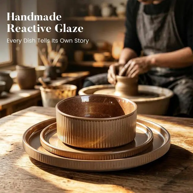 Alt view image 3 of 7 - Kitchen Academy 12-Piece Stoneware Dinnerware Sets for 4, Brown Fluted | Handmade Reactive Glaze Plates and Bowls, Scratch Resistant Dish Set, Oven Microwave Dishwasher Safe