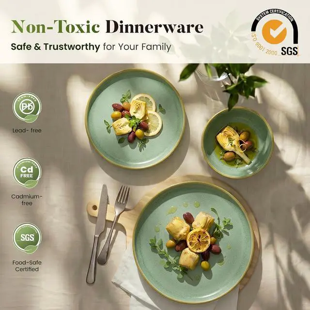 Alt view image 5 of 7 - Kitchen Academy Ceramic Dinnerware Set for 4, 12-Piece Plates and Bowls Set | Handmade Reactive Glaze Stoneware Dish Set, Scratch Resistant, Oven & Microwave & Dishwasher Safe, Green Fluted