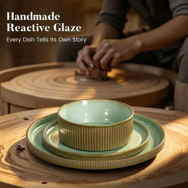 Alt view image 6 of 7 - Kitchen Academy Ceramic Dinnerware Set for 4, 12-Piece Plates and Bowls Set | Handmade Reactive Glaze Stoneware Dish Set, Scratch Resistant, Oven & Microwave & Dishwasher Safe, Green Fluted