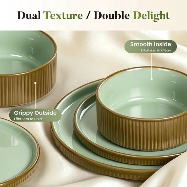 Alt view image 7 of 7 - Kitchen Academy Ceramic Dinnerware Set for 4, 12-Piece Plates and Bowls Set | Handmade Reactive Glaze Stoneware Dish Set, Scratch Resistant, Oven & Microwave & Dishwasher Safe, Green Fluted