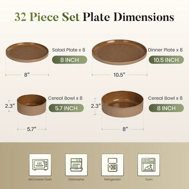 Alt view image 2 of 7 - Kitchen Academy Ceramic Dinnerware Sets for 8, 32 Pcs Stoneware Plates and Bowls Sets, Scratch Resistant Brown Dish, Oven & Microwave & Dishwasher Safe