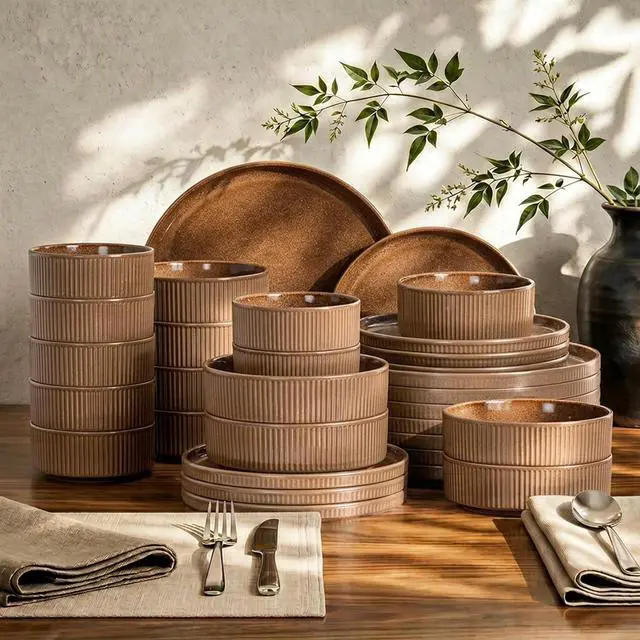 Main image of Kitchen Academy Ceramic Dinnerware Sets for 8, 32 Pcs Stoneware Plates and Bowls Sets, Scratch Resistant Brown Dish, Oven & Microwave & Dishwasher Safe