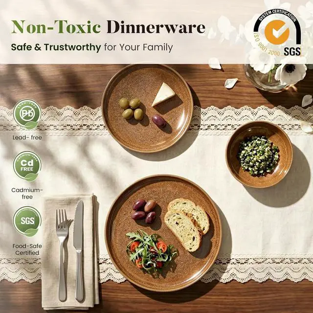 Alt view image 5 of 7 - Kitchen Academy 12-Piece Stoneware Dinnerware Sets for 4, Brown Fluted | Handmade Reactive Glaze Plates and Bowls, Scratch Resistant Dish Set, Oven Microwave Dishwasher Safe
