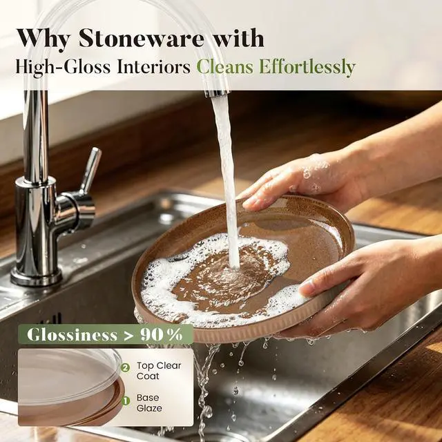 Alt view image 6 of 7 - Kitchen Academy 12-Piece Stoneware Dinnerware Sets for 4, Brown Fluted | Handmade Reactive Glaze Plates and Bowls, Scratch Resistant Dish Set, Oven Microwave Dishwasher Safe
