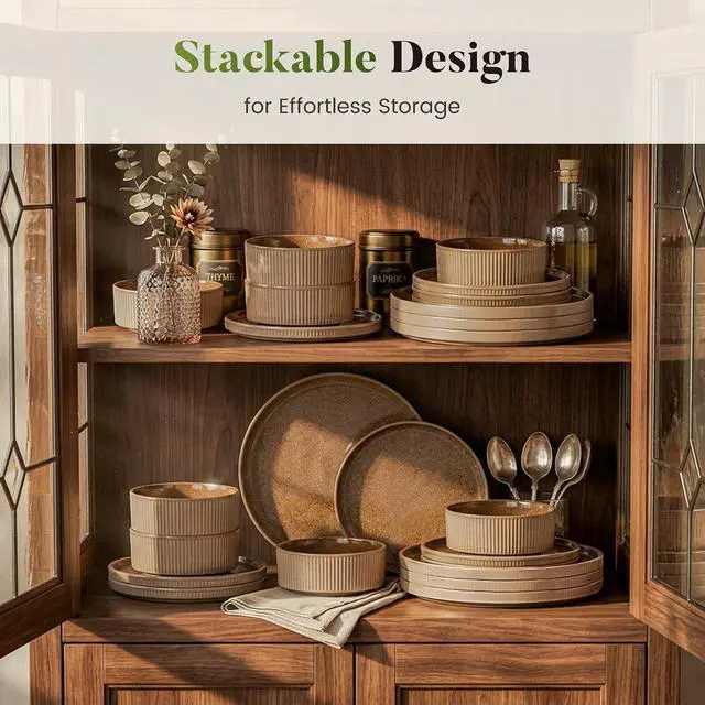 Alt view image 7 of 7 - Kitchen Academy 12-Piece Stoneware Dinnerware Sets for 4, Brown Fluted | Handmade Reactive Glaze Plates and Bowls, Scratch Resistant Dish Set, Oven Microwave Dishwasher Safe
