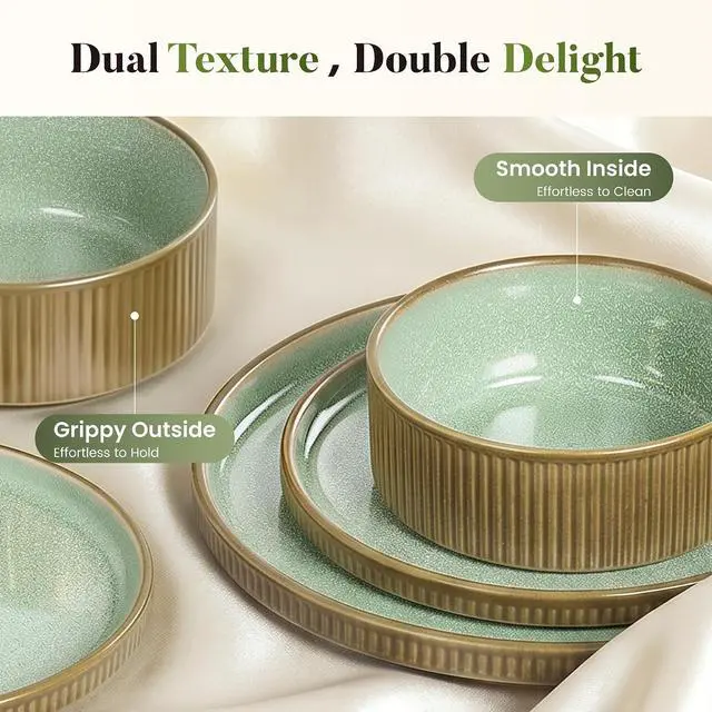 Alt view image 2 of 7 - Kitchen Academy Fluted Ceramic Dinnerware Sets for 8, 32Pcs Non Toxic Stoneware Plates and Bowls, Scratch Resistant Dish, Oven & Microwave & Dishwasher Safe, Green