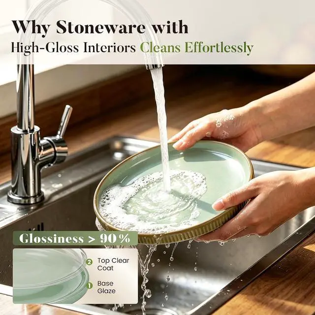 Alt view image 4 of 7 - Kitchen Academy Fluted Ceramic Dinnerware Sets for 8, 32Pcs Non Toxic Stoneware Plates and Bowls, Scratch Resistant Dish, Oven & Microwave & Dishwasher Safe, Green