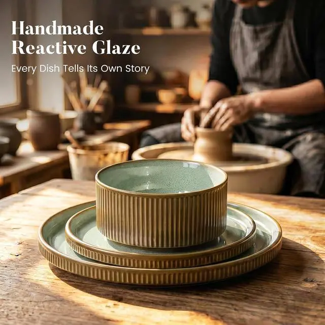Alt view image 6 of 7 - Kitchen Academy Fluted Ceramic Dinnerware Sets for 8, 32Pcs Non Toxic Stoneware Plates and Bowls, Scratch Resistant Dish, Oven & Microwave & Dishwasher Safe, Green