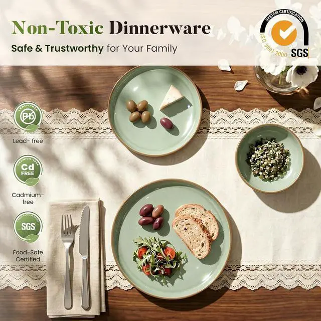 Alt view image 5 of 7 - Kitchen Academy Fluted Ceramic Dinnerware Sets for 8, 32Pcs Non Toxic Stoneware Plates and Bowls, Scratch Resistant Dish, Oven & Microwave & Dishwasher Safe, Green