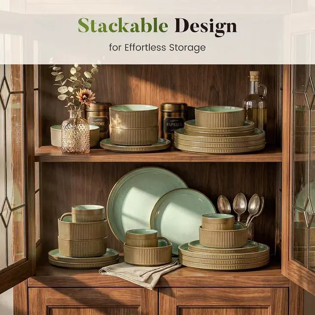 Alt view image 7 of 7 - Kitchen Academy Fluted Ceramic Dinnerware Sets for 8, 32Pcs Non Toxic Stoneware Plates and Bowls, Scratch Resistant Dish, Oven & Microwave & Dishwasher Safe, Green