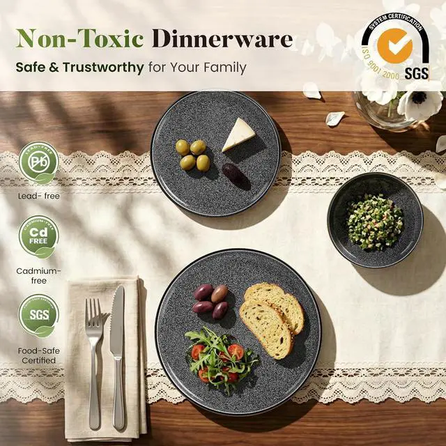 Alt view image 5 of 7 - Kitchen Academy 24Pcs Stoneware Dinnerware Sets for 8, Black | Non Toxic Ceramic Plates and Bowls Set, Scratch Resistant Dinner Set, Oven & Microwave & Dishwasher Safe