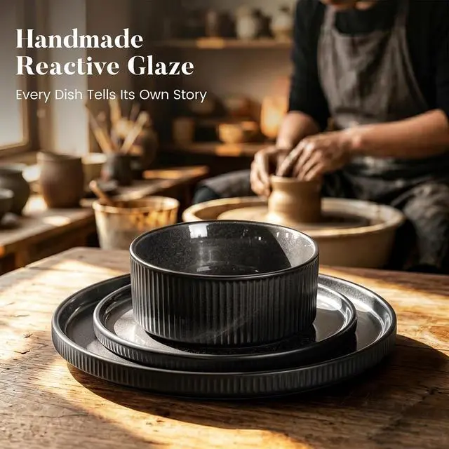Alt view image 6 of 7 - Kitchen Academy 24Pcs Stoneware Dinnerware Sets for 8, Black | Non Toxic Ceramic Plates and Bowls Set, Scratch Resistant Dinner Set, Oven & Microwave & Dishwasher Safe