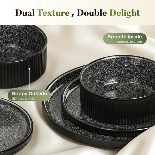 Alt view image 2 of 7 - Kitchen Academy 24Pcs Stoneware Dinnerware Sets for 8, Black | Non Toxic Ceramic Plates and Bowls Set, Scratch Resistant Dinner Set, Oven & Microwave & Dishwasher Safe