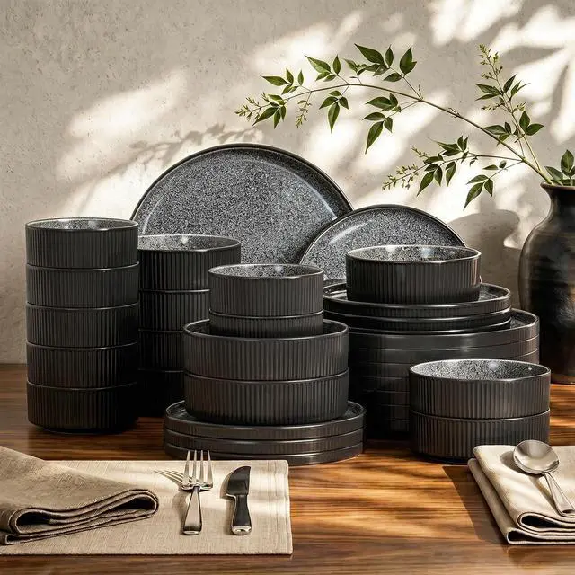 Main image of Kitchen Academy Fluted Ceramic Dinnerware Sets for 8, 32 Pieces Non Toxic Stoneware Plates and Bowls Sets, Scratch Resistant Dish Set, Oven & Microwave & Dishwasher Safe, Black