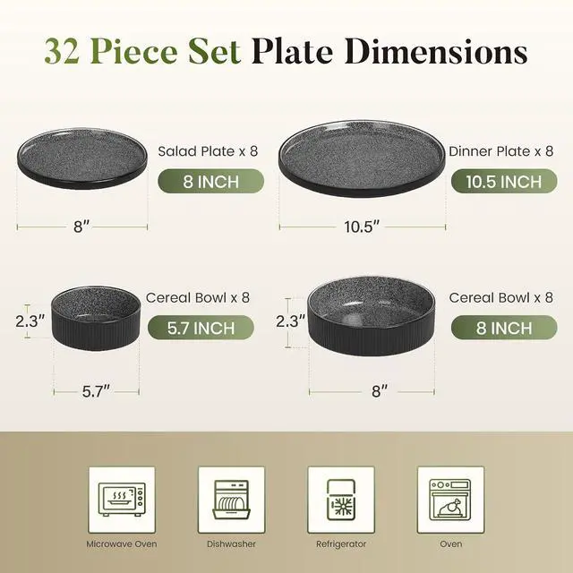 Alt view image 2 of 7 - Kitchen Academy Fluted Ceramic Dinnerware Sets for 8, 32 Pieces Non Toxic Stoneware Plates and Bowls Sets, Scratch Resistant Dish Set, Oven & Microwave & Dishwasher Safe, Black