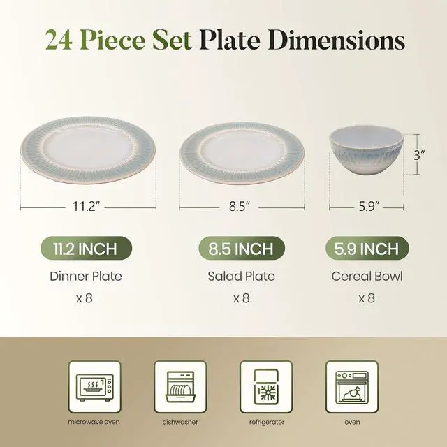 Alt view image 2 of 7 - Kitchen Academy 24-Piece Stoneware Dinnerware Set for 8, Blue | Ceramic Plates and Bowls Set, Non Toxic, Embossed Dishes, Oven & Microwave & Dishwasher Safe