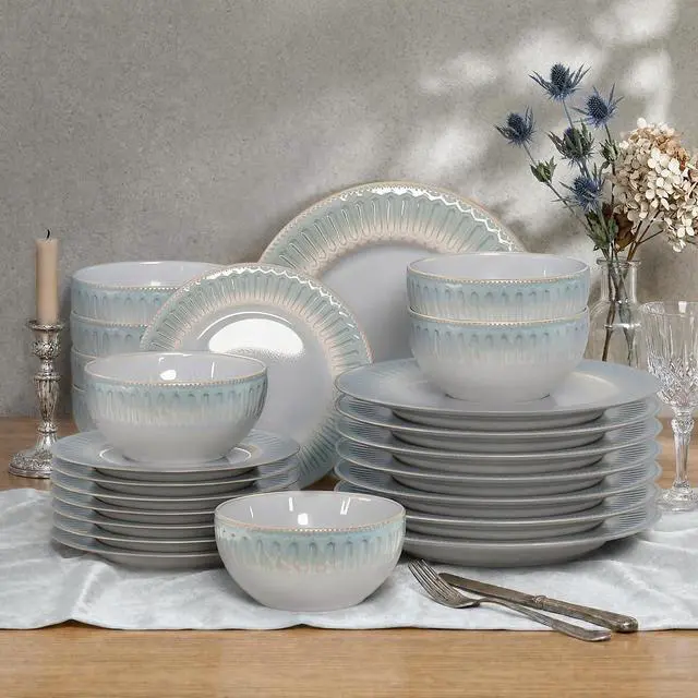 Main image of Kitchen Academy 24-Piece Stoneware Dinnerware Set for 8, Blue | Ceramic Plates and Bowls Set, Non Toxic, Embossed Dishes, Oven & Microwave & Dishwasher Safe