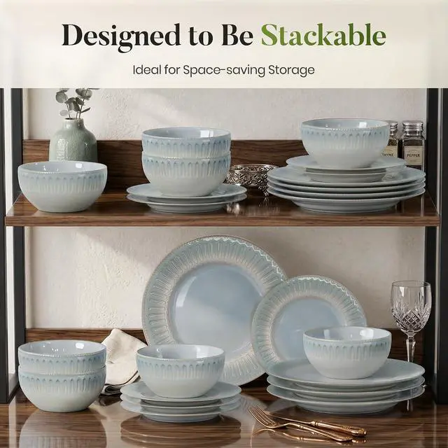 Alt view image 6 of 7 - Kitchen Academy 24-Piece Stoneware Dinnerware Set for 8, Blue | Ceramic Plates and Bowls Set, Non Toxic, Embossed Dishes, Oven & Microwave & Dishwasher Safe